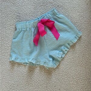 Light Blue Seersucker High-Waist Shorts with Pink Bow
